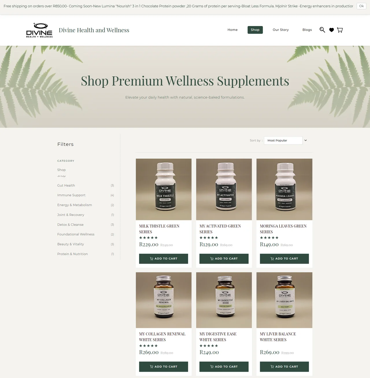 Screenshot of the Divine Health & Wellness shop.