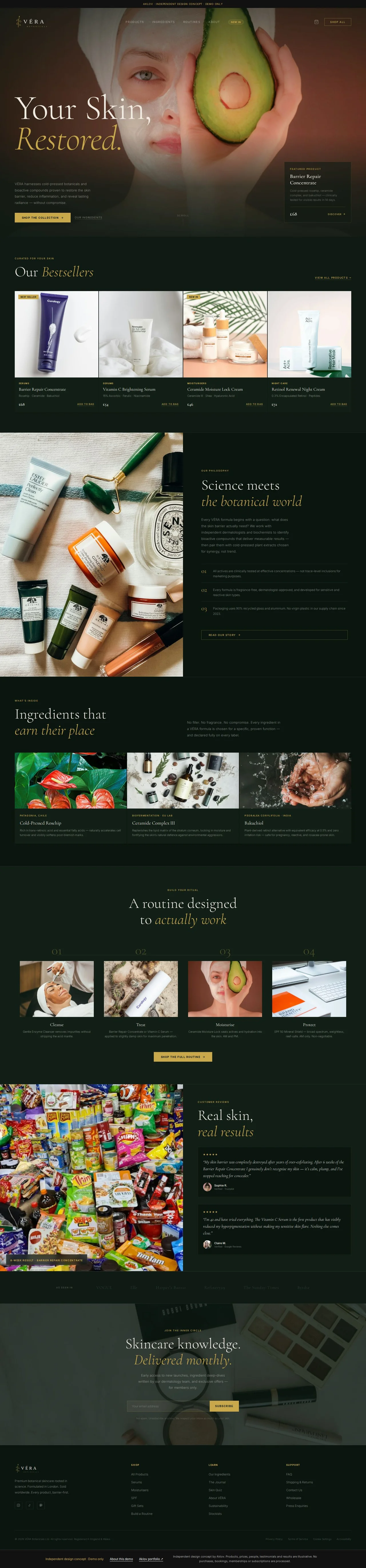 Full-page website design image showing the hero, product collection, and editorial storytelling sections.