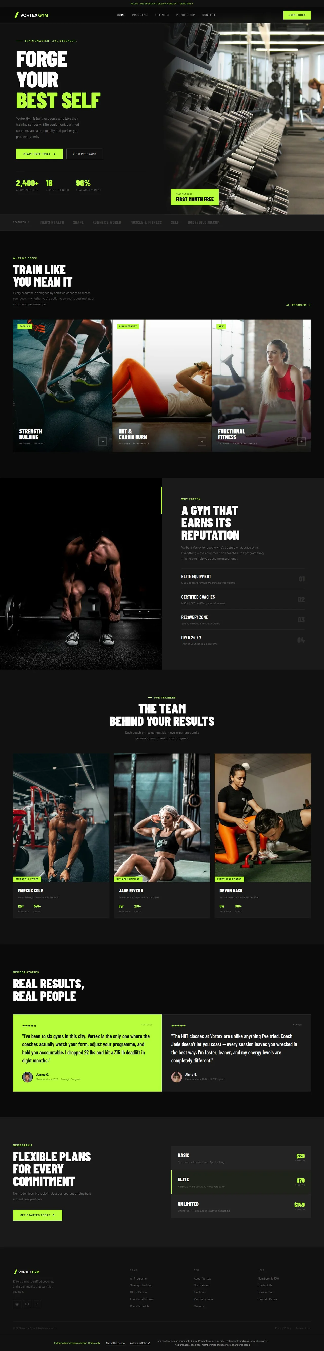 Full-page website design image showing the hero, training programs, and gym-benefits sections.